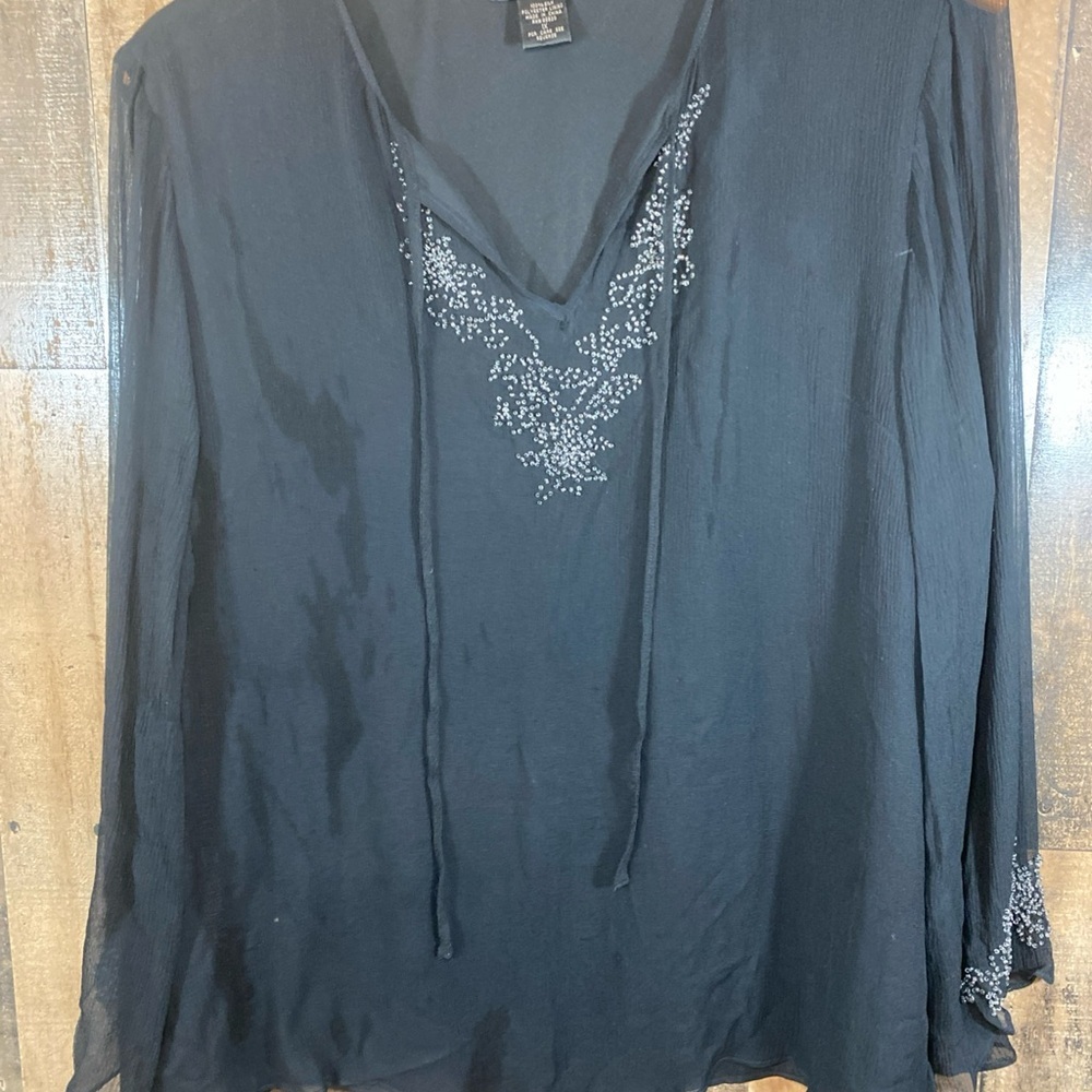 Anne Carson Black Silk Sheer Black Beaded‎ Long Sleeve Blouse W/ Lining Size 1X